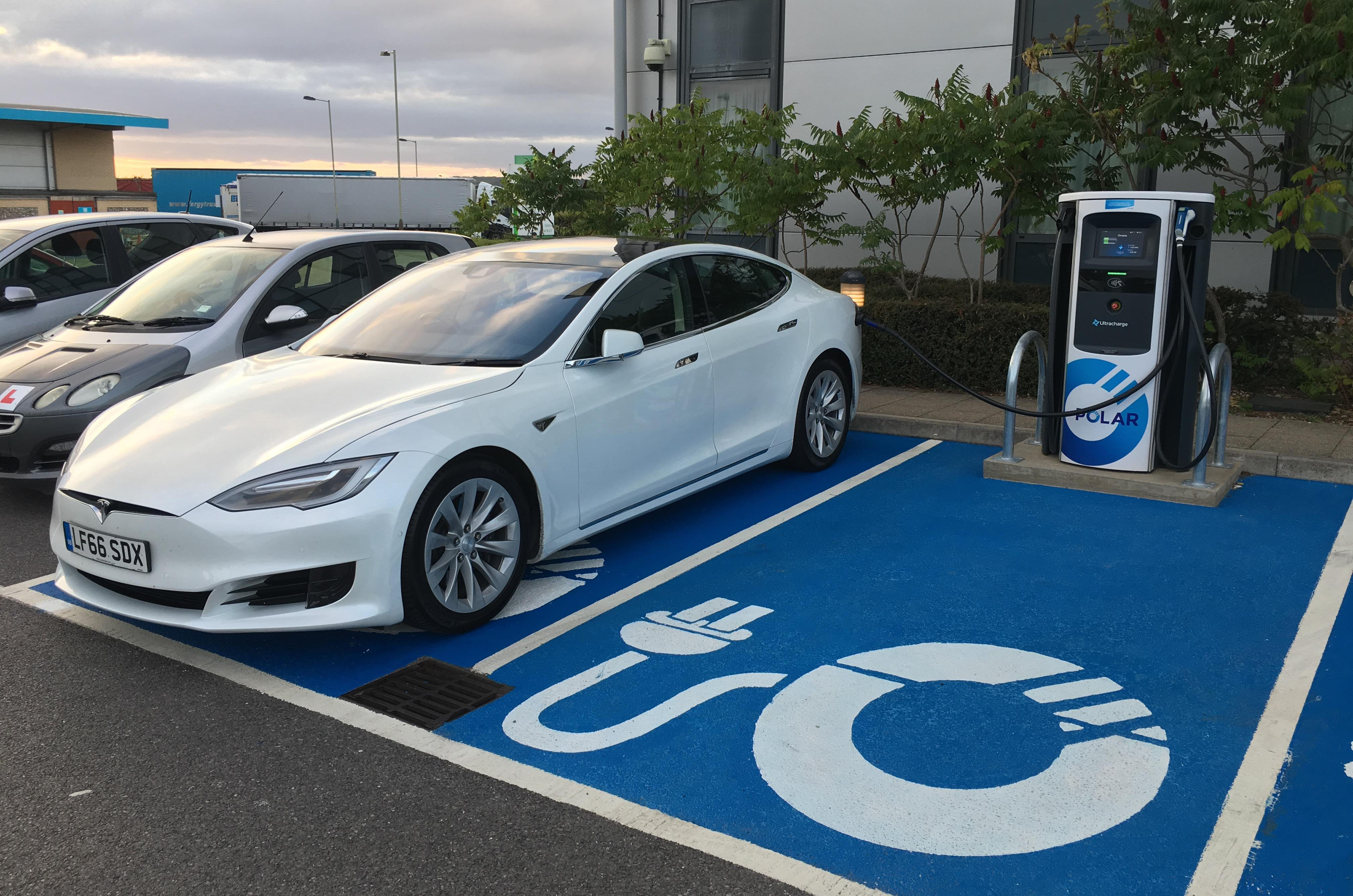 A Tesla Model S charges at the Chargemaster Polar unit at Solstice Park, Wiltshire A Tesla Model S charges at the Chargemaster Polar unit at Solstice Park, Wiltshire