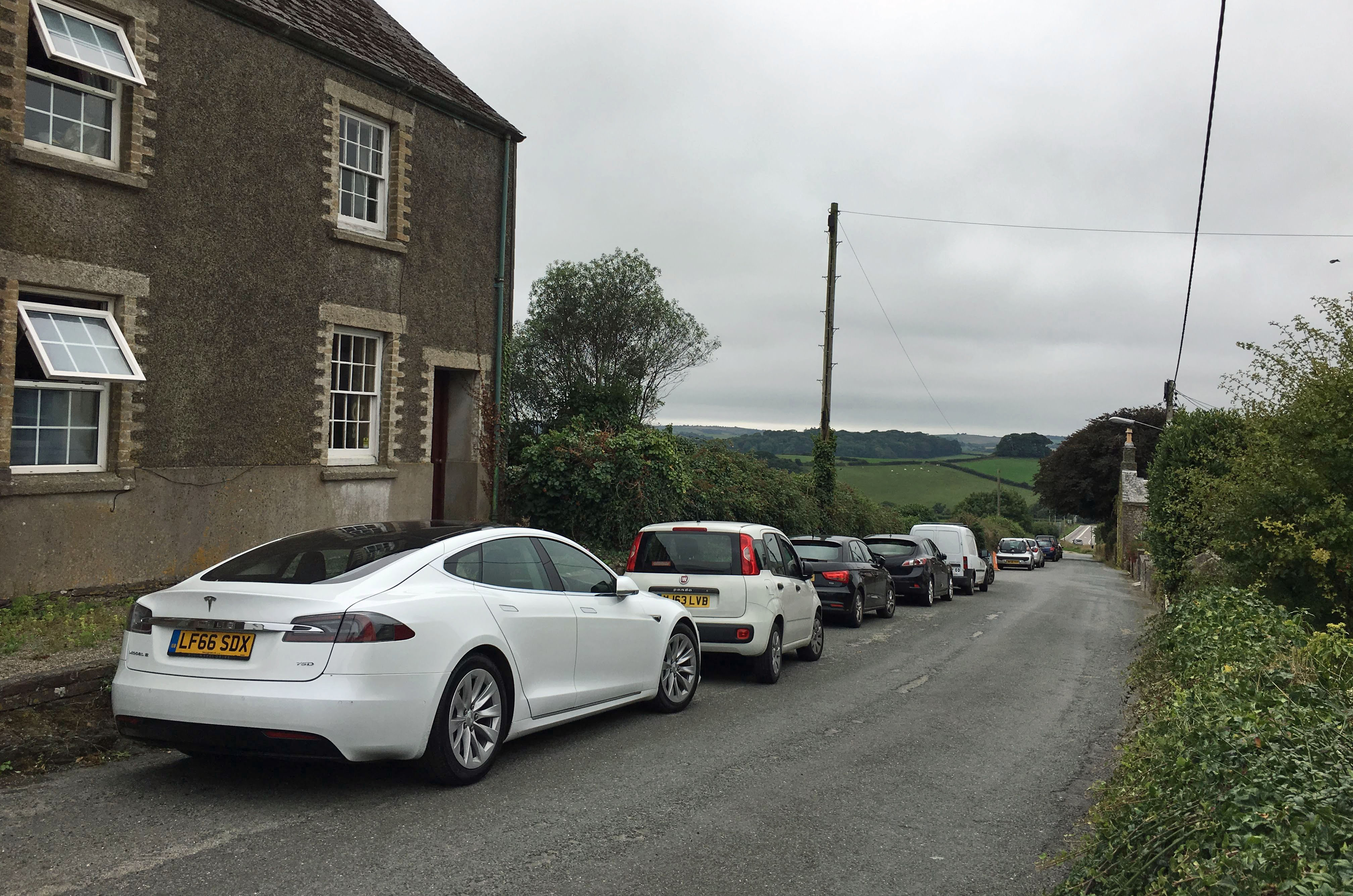 Our Tesla Model S parked at the side of the road near Saltash, Cornwall Our Tesla Model S parked at the side of the road near Saltash, Cornwall